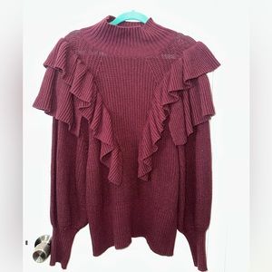 Maroon, Puff Sleeve, Ruffle Sweater